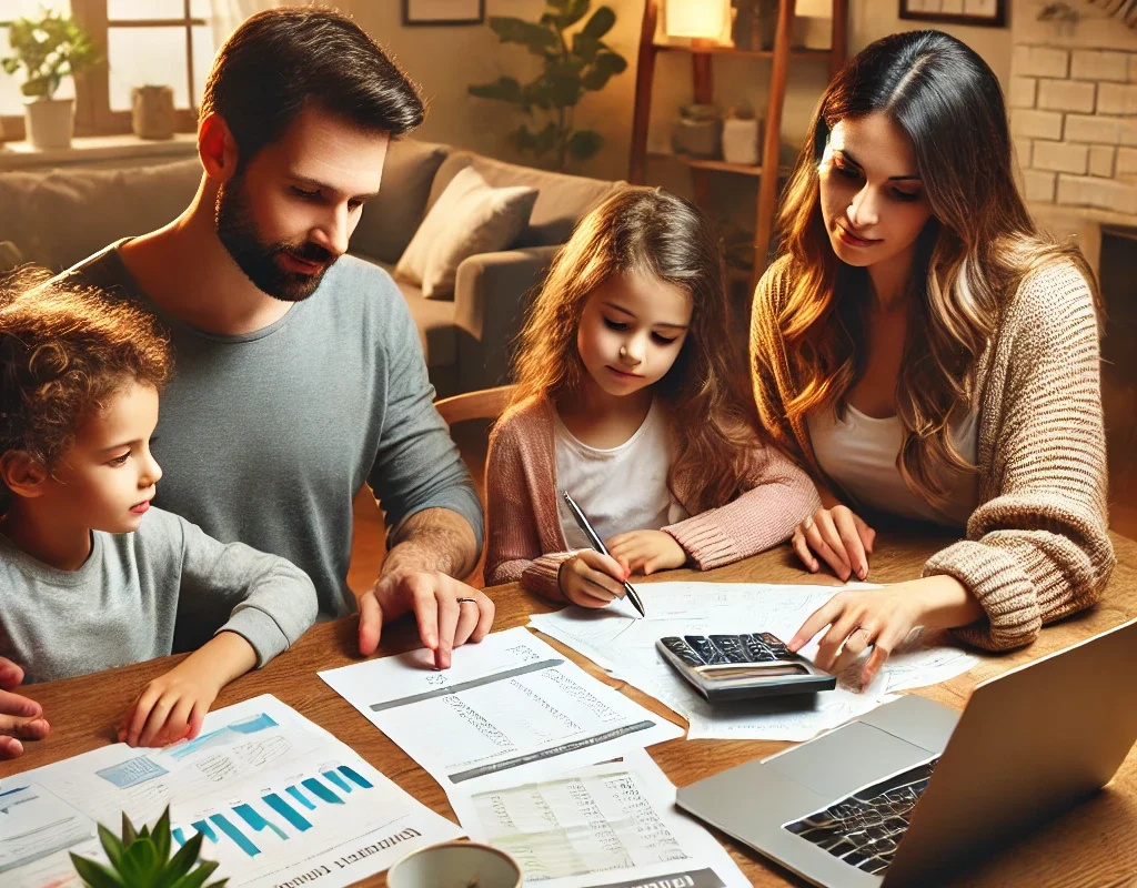 A family working together on a budget plan for long-term financial stability, reviewing expenses and setting goals.