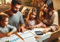 A family working together on a budget plan for long-term financial stability, reviewing expenses and setting goals.