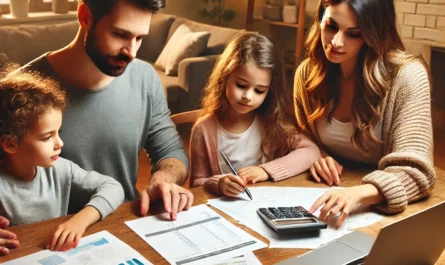 A family working together on a budget plan for long-term financial stability, reviewing expenses and setting goals.