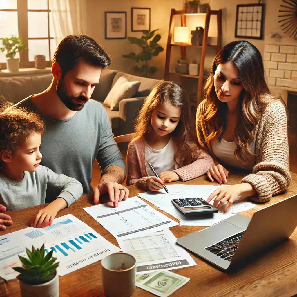 A family working together on a budget plan for long-term financial stability, reviewing expenses and setting goals.