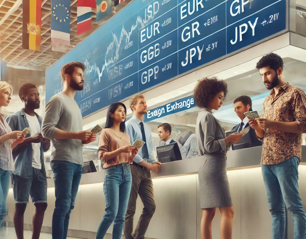 People exchanging currency at a foreign exchange counter, comparing rates for the best deal.