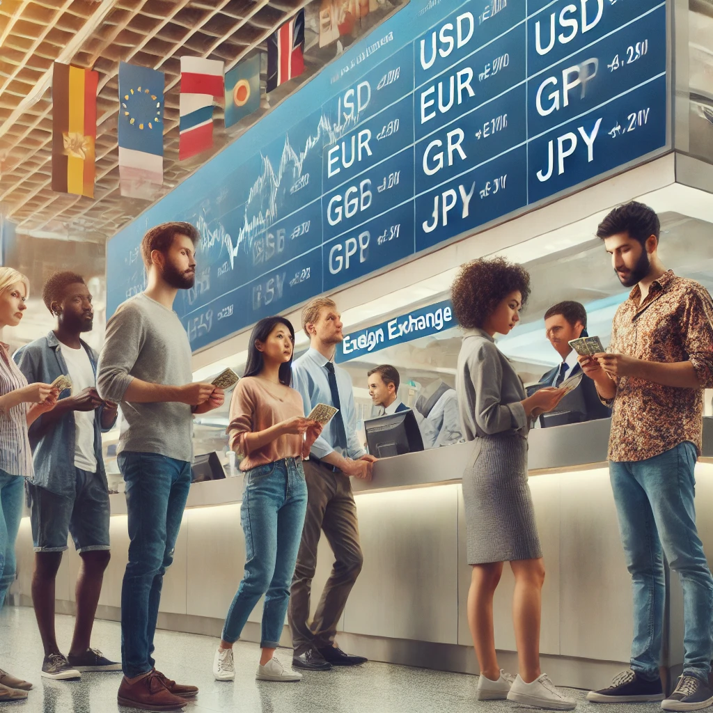 People exchanging currency at a foreign exchange counter, comparing rates for the best deal.